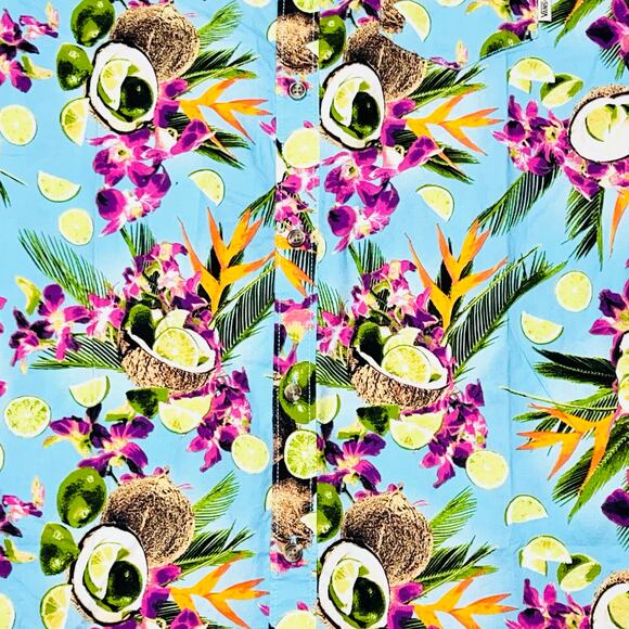 Vans Corley Button Up Shirt Large Blue Tropical Limes Coconuts Palms Hawaiian - Picture 3 of 8